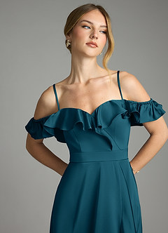 Azazie Lyra Bridesmaid Dresses Ink Blue A-Line Off the Shoulder Stretch Satin Convertible Dress image11
