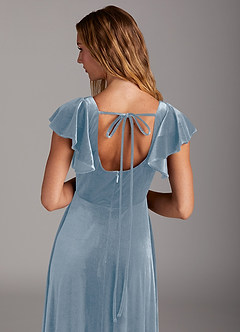 Azazie Bondi Bridesmaid Dresses Dusty Blue A-Line Side Slit Velvet Dress image2