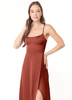 Azazie Halsey Bridesmaid Dresses Terracotta Sheath Side Slit Stretch Satin Dress image6
