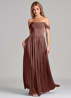 Azazie Raisa Bridesmaid Dresses Espresso A-Line Off the Shoulder Stretch Satin Dress image3