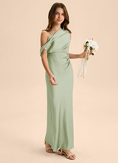 Azazie Emerson Junior Dusty Sage Sheath Off the Shoulder Stretch Satin Dress image5