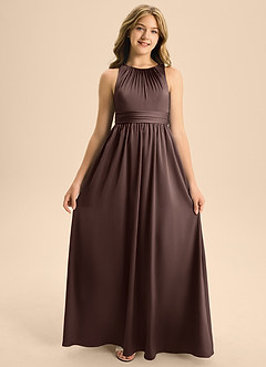 Azazie Jaylah Junior Ganache A-Line Pleated Stretch Satin Dress image6