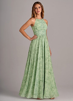 Azazie Bonnie Vestidos de damas de honor Vestido de Floral Helecho Verde de Gasa de Corte en A con Cuello de pico fruncido image4