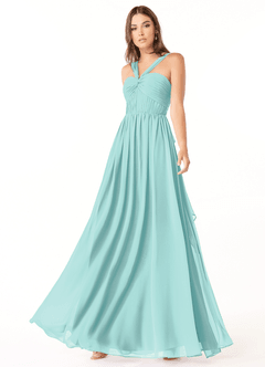Azazie Dionne Bridesmaid Dresses Aqua A-Line Corset Chiffon Dress image4