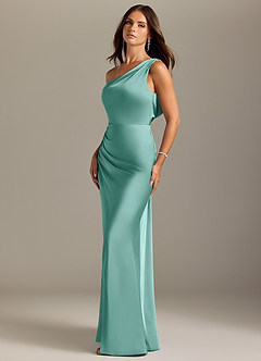 Azazie Madelyn Bridesmaid Dresses Aqua Mermaid Off the Shoulder Stretch Satin Convertible Dress image3