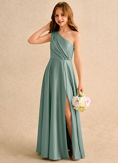 Azazie Puddles Girls Formal Flower Girl Dresses Silver Sage A-Line One Shoulder Stretch Satin Dress image3