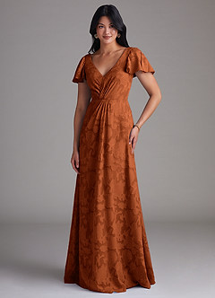 Azazie Soren Robes de demoiselle d'honneur Robe Trapèze en Blumen-Burnout Plissée Orange Brûlée image4