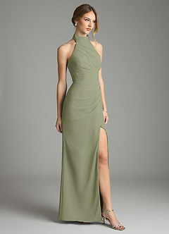 Azazie Jemma Vestidos de damas de honor Vestido de Pistacho de Gasa de Corte Recto con Plisado image4