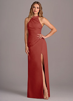 Azazie Jemma Bridesmaid Dresses Terracotta Sheath Pleated Chiffon Dress image4