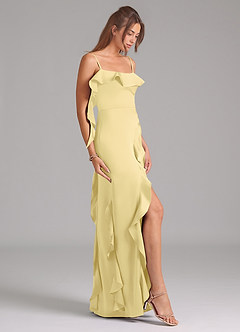 Azazie Malia Bridesmaid Dresses Lemon Sorbet A-Line Side Slit Stretch Satin Dress image5