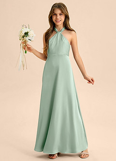 Azazie Beah Junior Agave A-Line Pleated Stretch Satin Dress image3