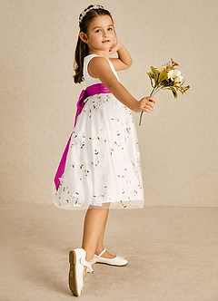 Azazie Pollie Flower Girl Dresses Ivory Fuchsia A-Line Bow Tulle Dress image3