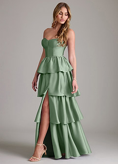 Azazie Faye Bridesmaid Dresses Matcha A-Line Ruched Stretch Satin Dress image3