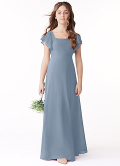 Azazie Bondi Junior Dusty Blue A-Line Bow Chiffon Dress image2