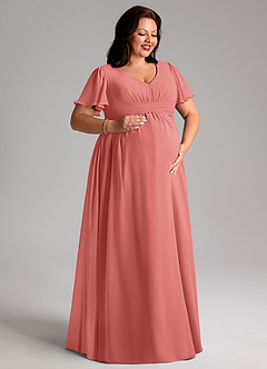 Azazie Verna vestidos de dama de honor de maternidad Vestido de Corte en A Cuello en V fruncido Hasta el suelo Gasa image10