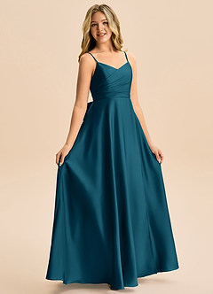 Azazie Rumi Junior Linia A Pofałdowany Satyna elastyczna Długość podłogi Młodsza druhna Sukienka image5