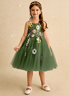 Azazie Osea Flower Girl Dresses Olive Ball-Gown Pleated Tulle Dress image3