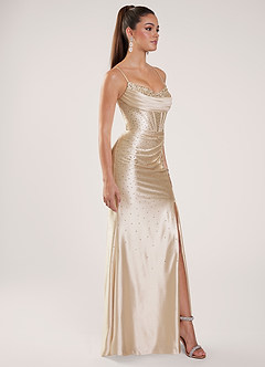 Nogolla Champagne Beading Rhinestone Stretch Satin Prom Dress image4