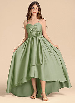 Azazie Catalina Junior Abito A-Line in Raso Elasticizzato Scollo a Cuore Verde Salvia image4