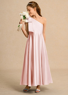 Azazie Guppy Junior Formal vestidos de niña de las flores Vestido de Rosa Rubor de Satin Mate de Corte En A con Hombro unilateral image4