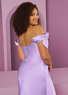 Barbie ♥ Azazie Bridesmaid Dresses Lilac Sheath Off the Shoulder Stretch Satin Convertible Dress image13