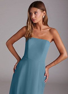 Azazie Wren 신부 들러리 드레스 A라인 스트랩리스 쉬폰 티 길이 드레스 image5