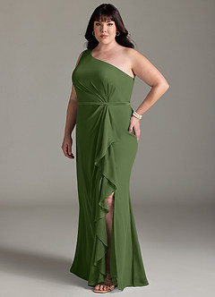 Azazie Liza Jurken voor bruidsmeisjes Jurk van Chiffon met Zeemeermin One-Shoulder Olijf image8