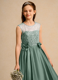 Azazie Candy Girl vestidos de niña de las flores Vestido de Eucalipto de Satin Mate de Princesa con Lazo image2