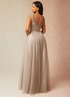 Azazie Luxi Bridesmaid Dresses Taupe A-Line Pleated Tulle Dress image2