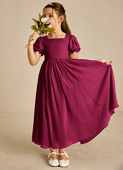 Azazie Joss Flower Girl Dresses Burgundy A-Line with Sleeves Chiffon Dress image1