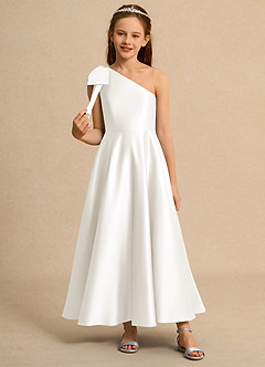 Azazie Guppy Junior Formal vestidos de niña de las flores Vestido de Marfil de Satin Mate de Corte En A con Hombro unilateral image3