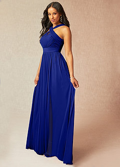 Azazie Hillian Bridesmaid Dresses Royal Blue A-Line Halter Pleated Mesh Dress image3