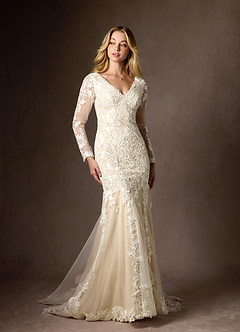 Azazie Dulce Amor Vestidos de novia Vestido de Blanco Diamante Champán de Tul de Corte Sirena con Encaje Cuello V image2