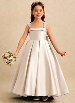 Azazie Genie Flower Girl Dresses White Alabaster Ball-Gown Off the Shoulder Matte Satin Dress image3