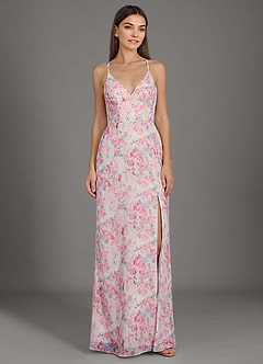 Azazie Becca Bridesmaid Dresses Abstract Watercolor Floral Sheath V-Neck Chiffon Dress image4