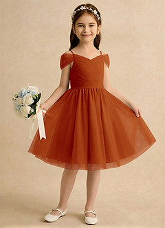 Azazie Lila Girls Formal Robe Demoiselle D'honneur Fillette Robe Trapèze en Tulle Épaule décolletée Paprika image4