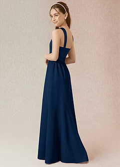 Azazie Jiya Junior Dark Navy A-Line Pleated Stretch Satin Dress image3