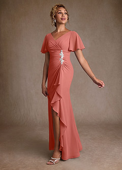 Azazie Suffolk Mère de la mariée Robes Robe Trapèze en Mousseline de soie Plissée Rose Saumon image2