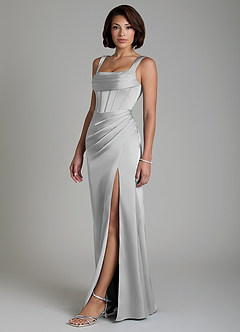 Azazie Amora Vestidos de damas de honor Vestido Plata de Satén Elástico de Corte Sirena con Corsé image6