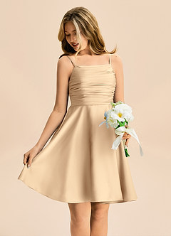 Azazie Miko Junior Champagne A-Line Pleated Stretch Satin Dress image4