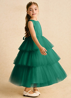 Azazie Marshmallow Flower Girl Dresses Emerald Ball-Gown Bow Tulle Dress image3