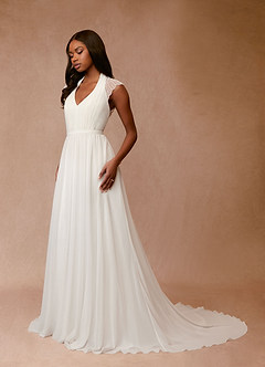 Azazie Cersei At-home Try On Dresses Diamond White A-Line Pleated Chiffon Dress image3