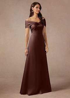 Azazie Amelia Mother of the Bride Dresses Espresso A-Line Off the Shoulder Stretch Satin Dress image4