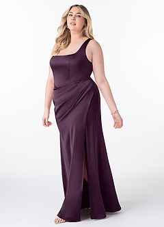 Azazie Mero Bridesmaid Dresses Plum Sheath Pleated Stretch Satin Dress image8