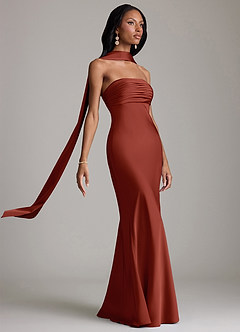 Azazie Saylor Vestidos de damas de honor Vestido de Terracota de Satén Elástico de Corte Sirena con Sin tirantes image10