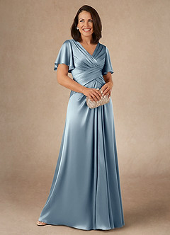 Azazie Emmeline Abiti per la Madre della Sposa Abito A-Line in Raso Elasticizzato Plissettato Blu Polveroso image1