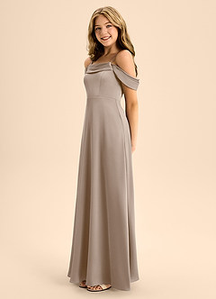 Azazie Anselie Junior Vestido Gris Pardo de Satén Elástico de Corte en A con Hombros descubiertos image6