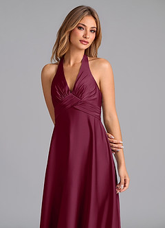 Azazie Tessie Bridesmaid Dresses Mulberry A-Line Pleated Stretch Satin Dress image3