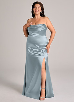 Azazie Saige Bridesmaid Dresses Dusty Blue Sheath Off the Shoulder Metallic Satin Convertible Dress image12