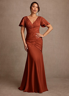 Azazie Jolene Mother of the Bride Dresses Auburn Mermaid Pleated Floral Burnout Dress image1